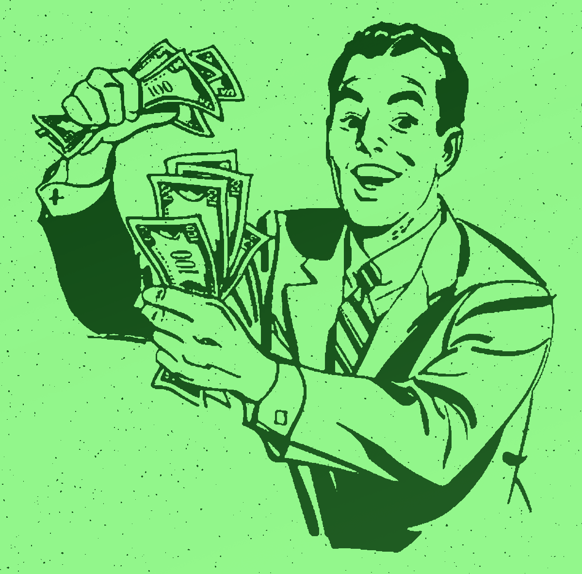 Illustration of a customer ready to hand over fists full of cash money.