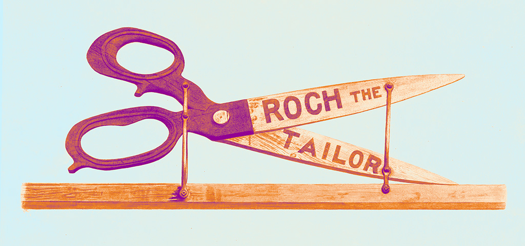 Drawing of a shop sign for a tailor that looks like a giant pair of scissors.