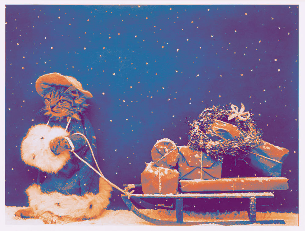 A vintage photo of a cat dressed in a heavy coat pulling a sled loaded with wrapped packages and a festive wreath.